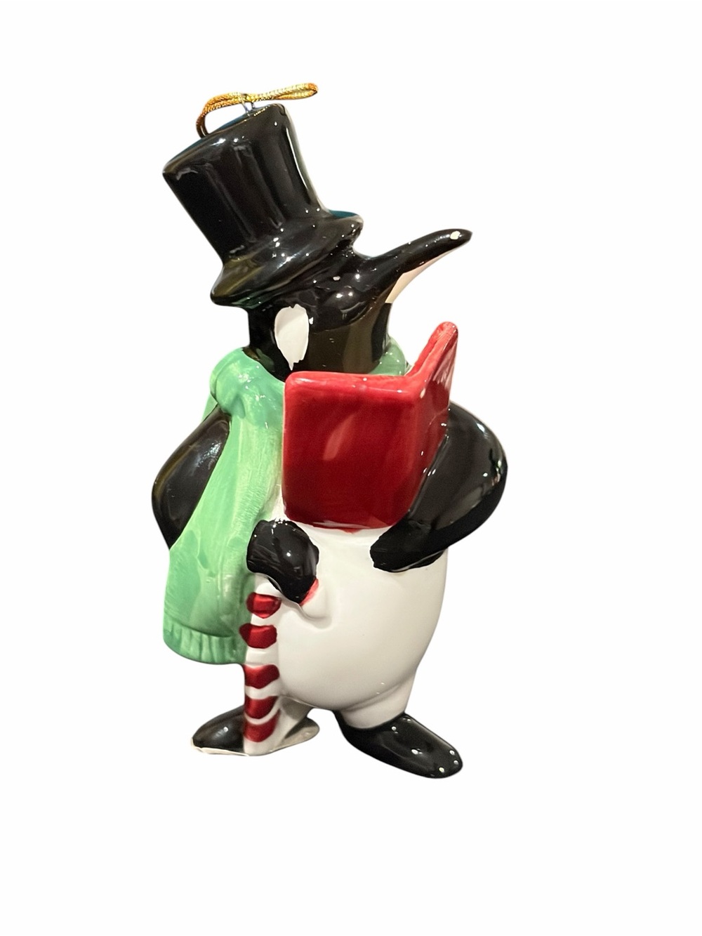 Sakura Hand-Painted Ceramic Penguin Caroler Ornament with Top Hat & Candy Cane